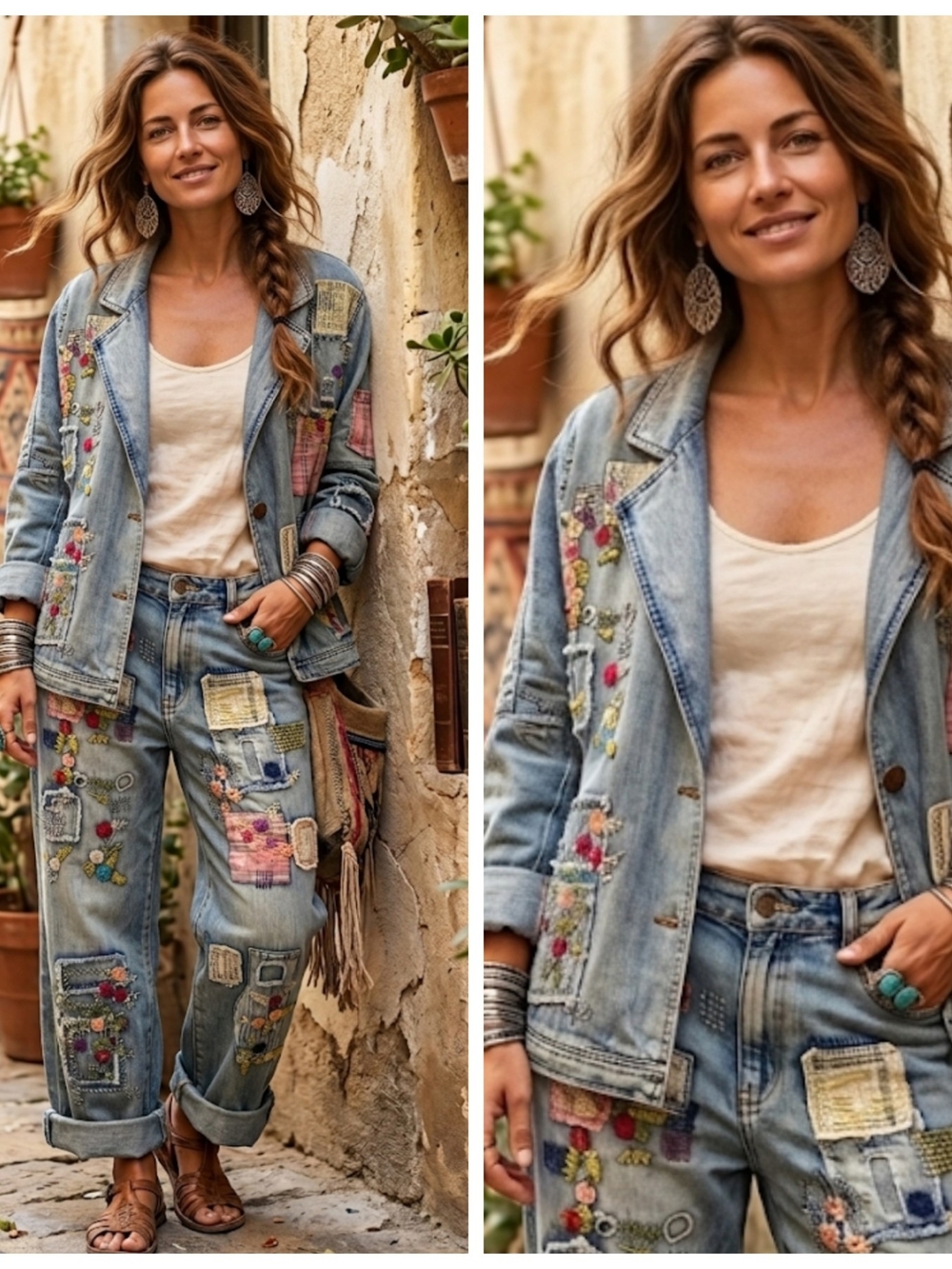 Embroidered Patchwork Denim Vintage Wash JACKET